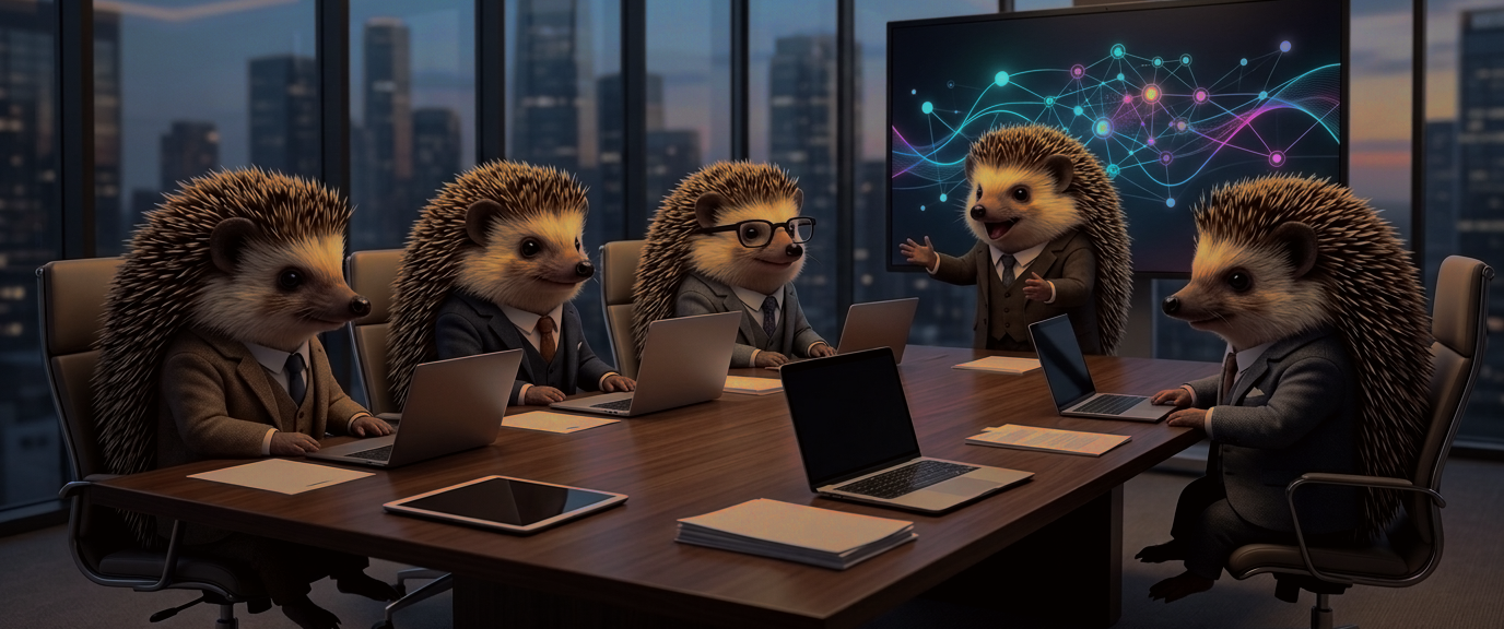 Hedgehogs gathered around a table for an advisory board meeting