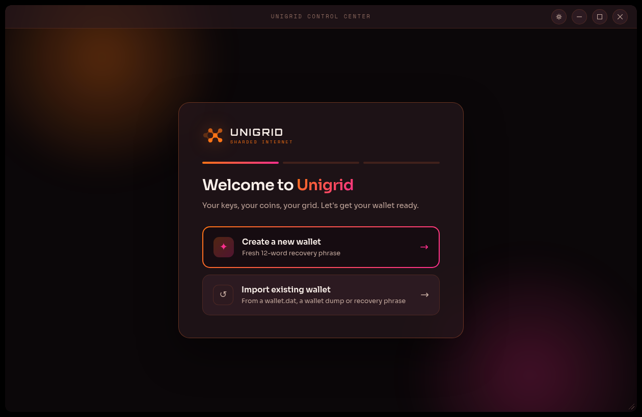 The welcome screen of the Unigrid Control Center in Janus 2.0.0